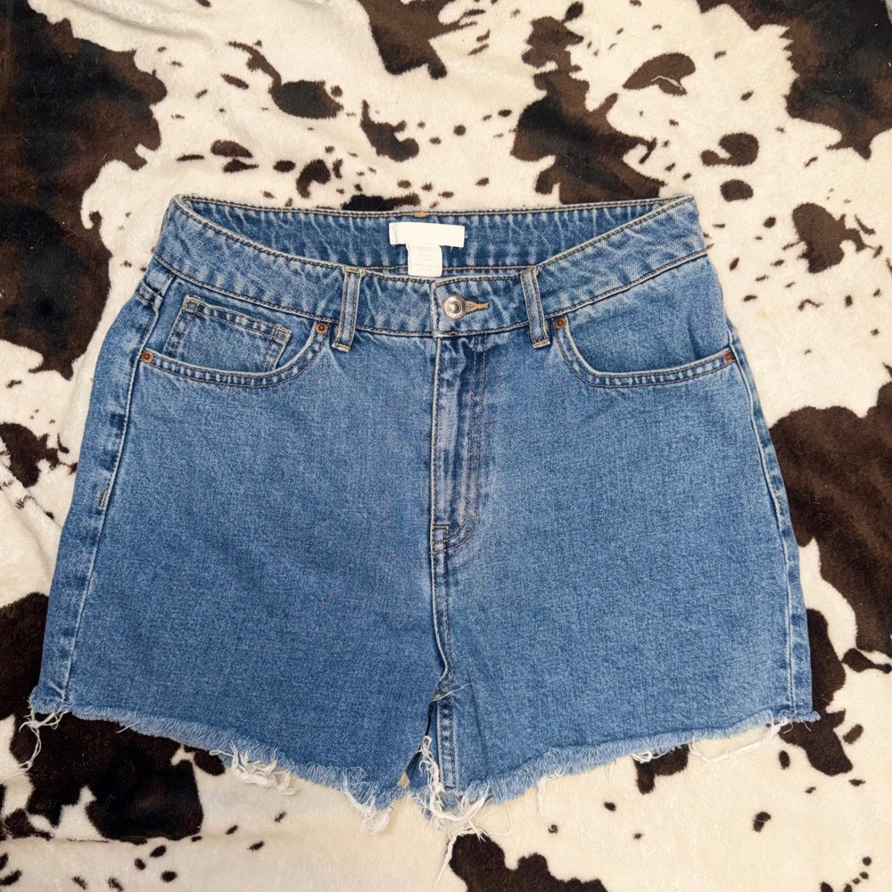 H&M Denim Shorts Women Size 6 Blue Frayed Hem High Waist Festival Boho Summer